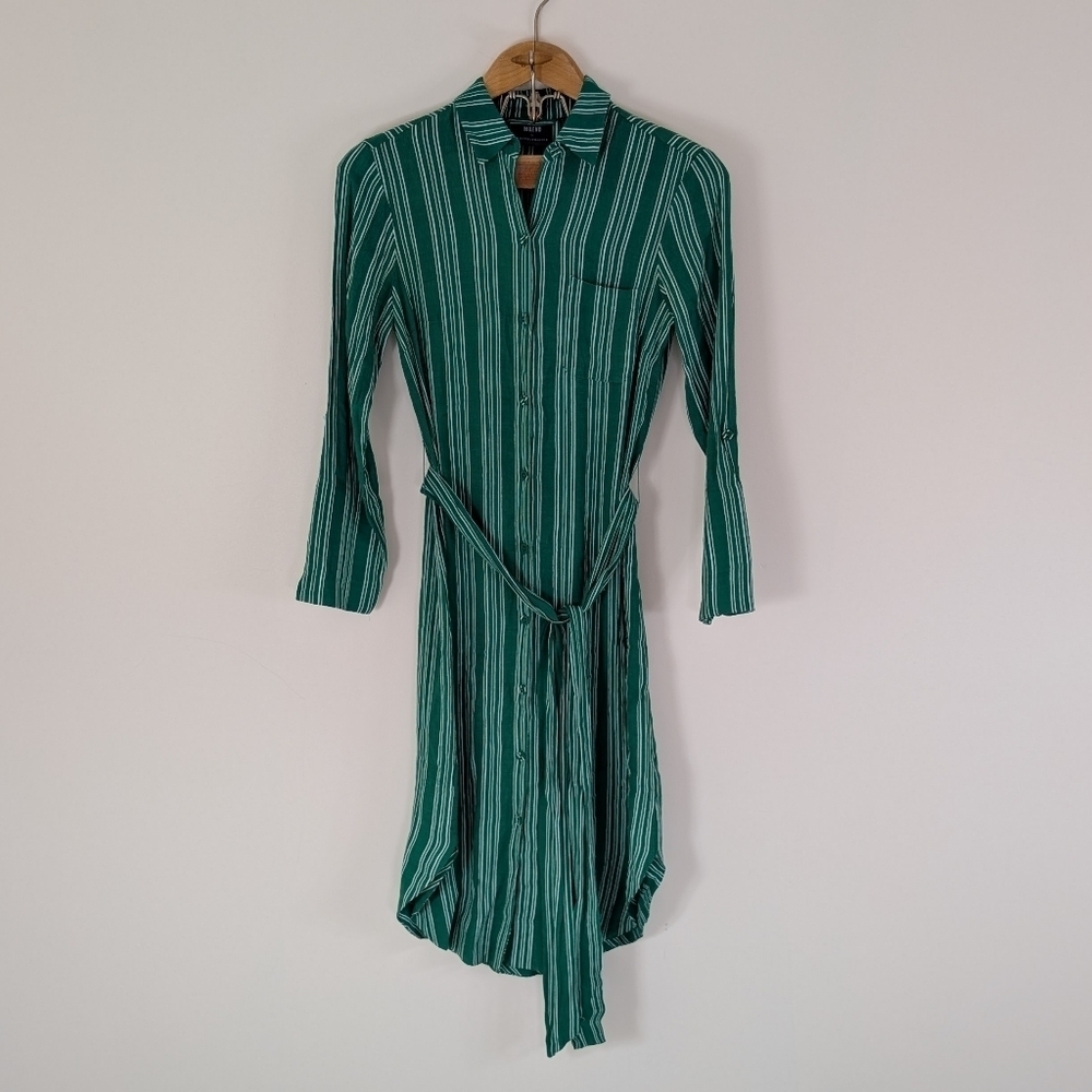 Anthropologie Maeve Dress Womens 2 Green Stripe Martina Belted Shirtdress Midi